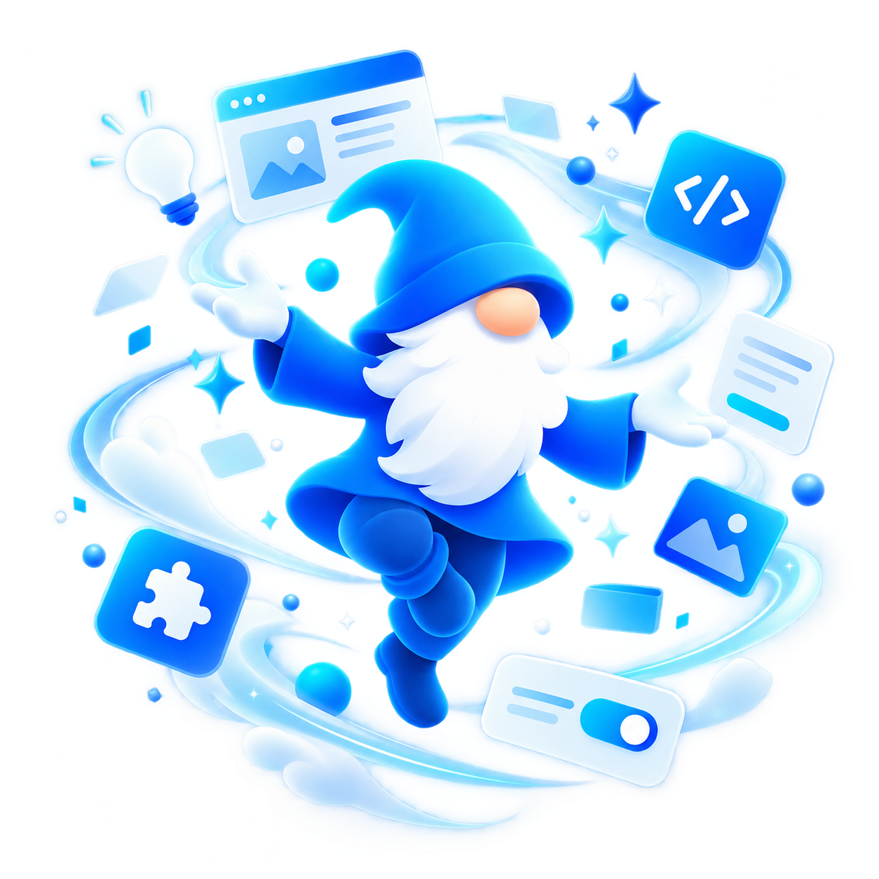 Een zwevende GnomeWorks-kabouter met armen wijd, één been opgetrokken en een wervelwind van creaties en ideeën om zich heen.